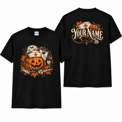 Personalized Nurse Halloween Shirt with Stethoscope Pumpkin and Custom Name