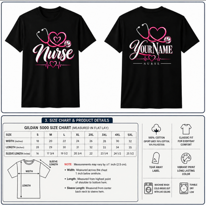 Nurse Stethoscope Shirt Personalize Name Black Cotton Tee Gift for RN Women