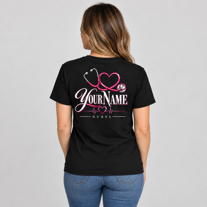 Nurse Stethoscope Shirt Personalize Name Black Cotton Tee Gift for RN Women