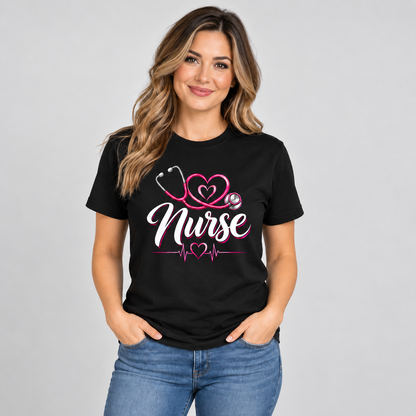 Nurse Stethoscope Shirt Personalize Name Black Cotton Tee Gift for RN Women