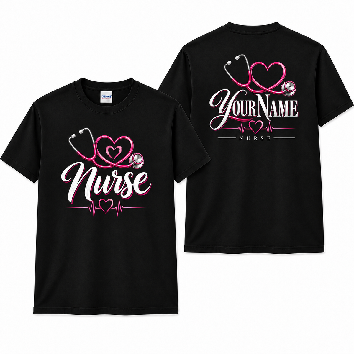 Nurse Stethoscope Shirt Personalize Name Black Cotton Tee Gift for RN Women