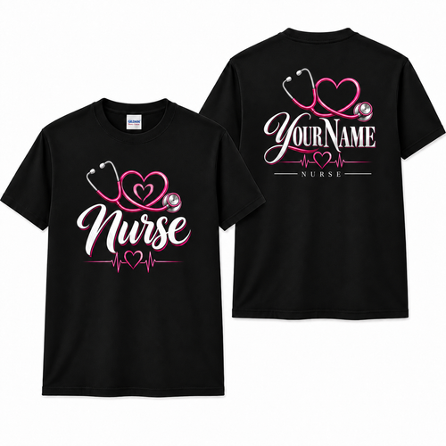 Nurse Stethoscope Shirt Personalize Name Black Cotton Tee Gift for RN Women