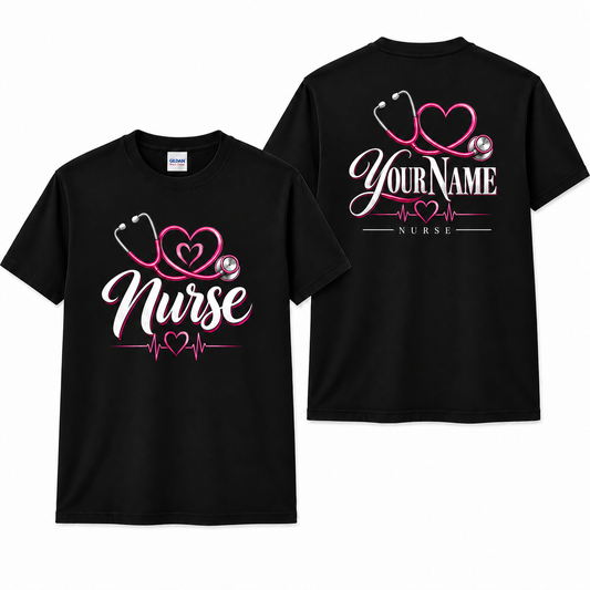 Nurse Stethoscope Shirt Personalize Name Black Cotton Tee Gift for RN Women