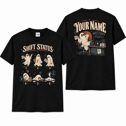 Custom Ghost Shift Status Shirt Personalized Cute Office Worker Graphic Tee