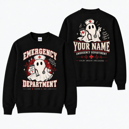 Emergency Department Ghost Nurse Sweatshirt for Custom Halloween ER Staff Gift