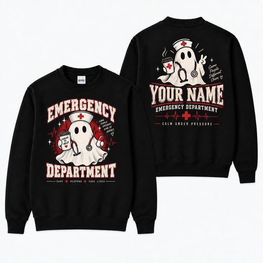 Emergency Department Ghost Nurse Sweatshirt for Custom Halloween ER Staff Gift