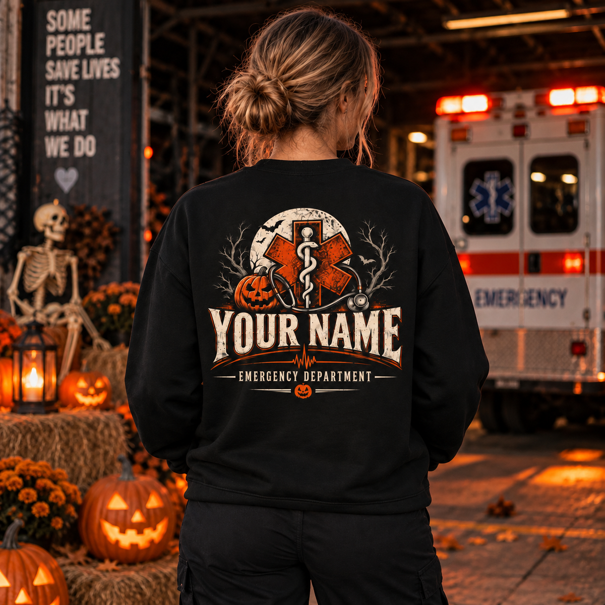 Emergency Department Nurse Halloween Sweatshirt with Custom Name Pumpkin Ghost