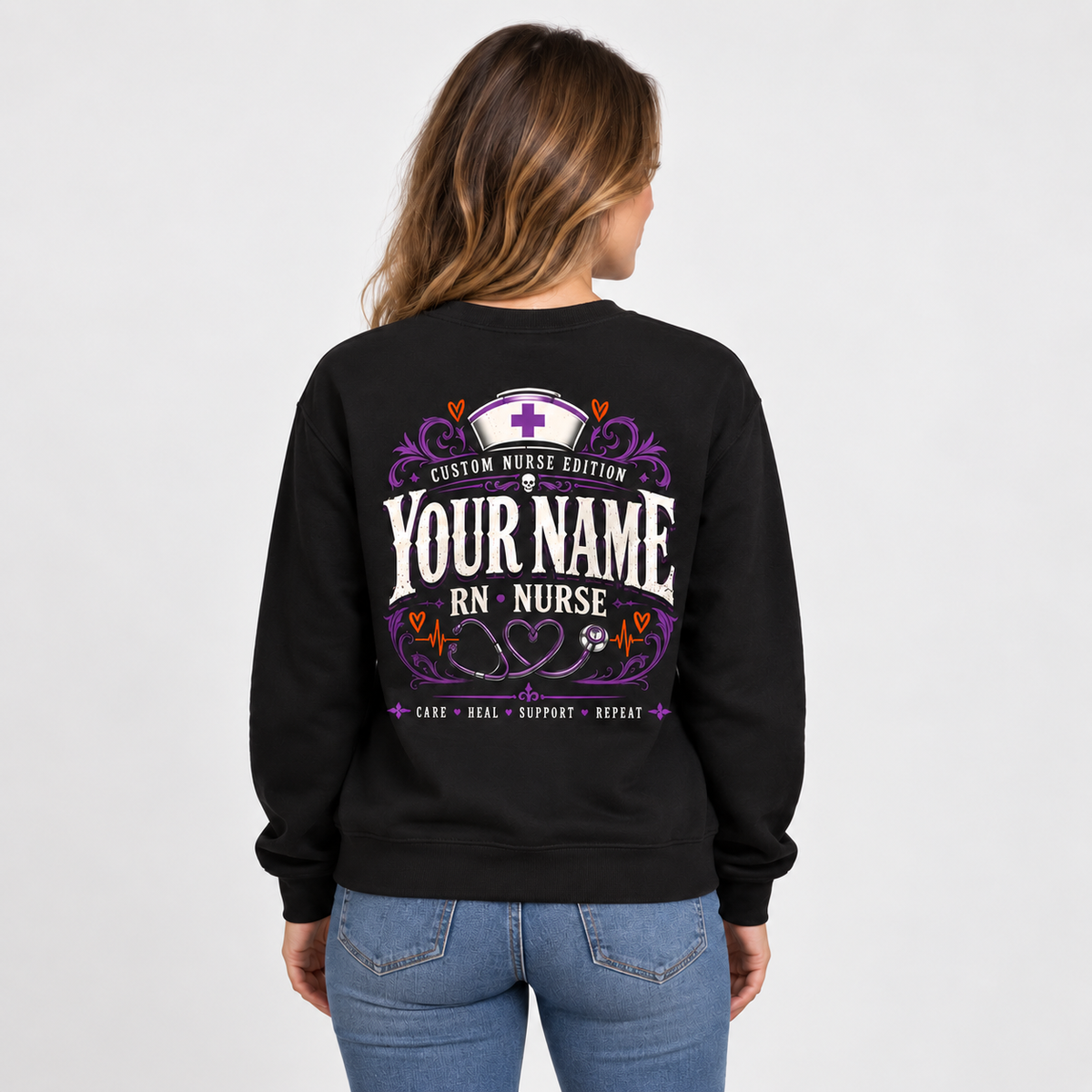 Nurse Sweatshirt Custom Name Skeleton Graphic Funny Halloween Nurse Life Gift