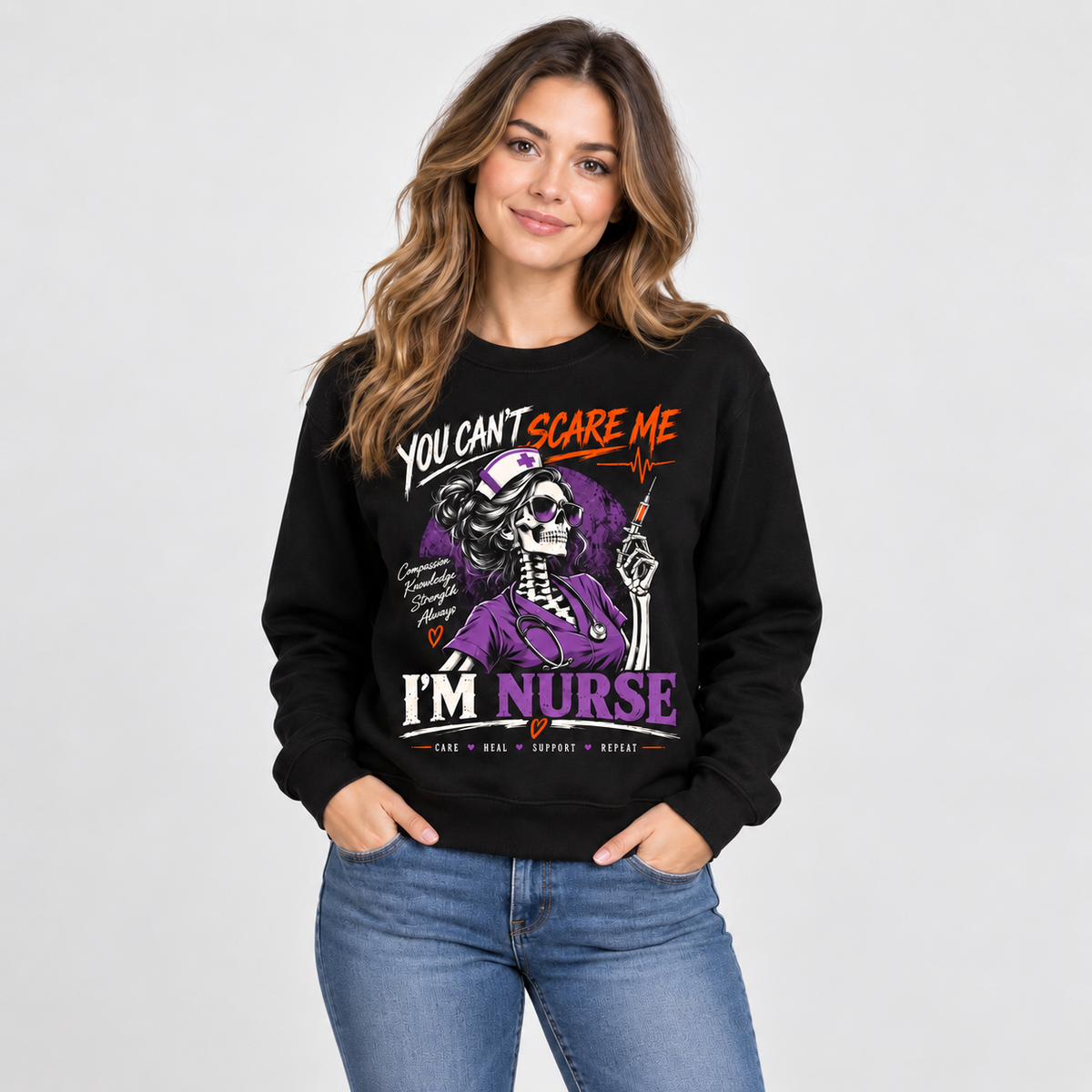 Nurse Sweatshirt Custom Name Skeleton Graphic Funny Halloween Nurse Life Gift