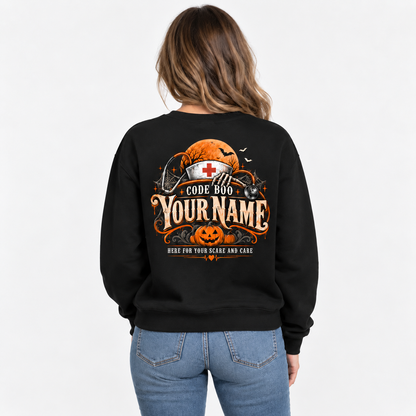 Code Boo Halloween Nurse Skeleton Sweatshirt Custom Name Spooky Nurse Gift