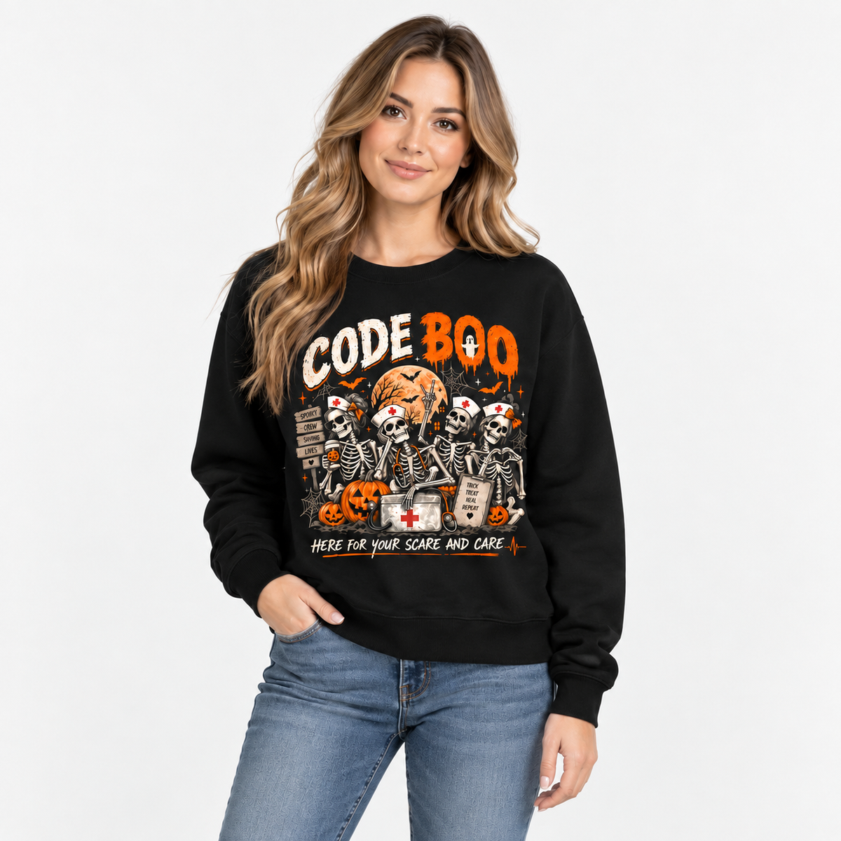 Code Boo Halloween Nurse Skeleton Sweatshirt Custom Name Spooky Nurse Gift