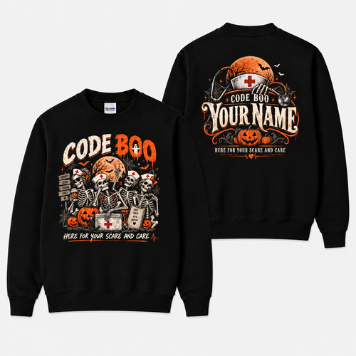 Code Boo Halloween Nurse Skeleton Sweatshirt Custom Name Spooky Nurse Gift
