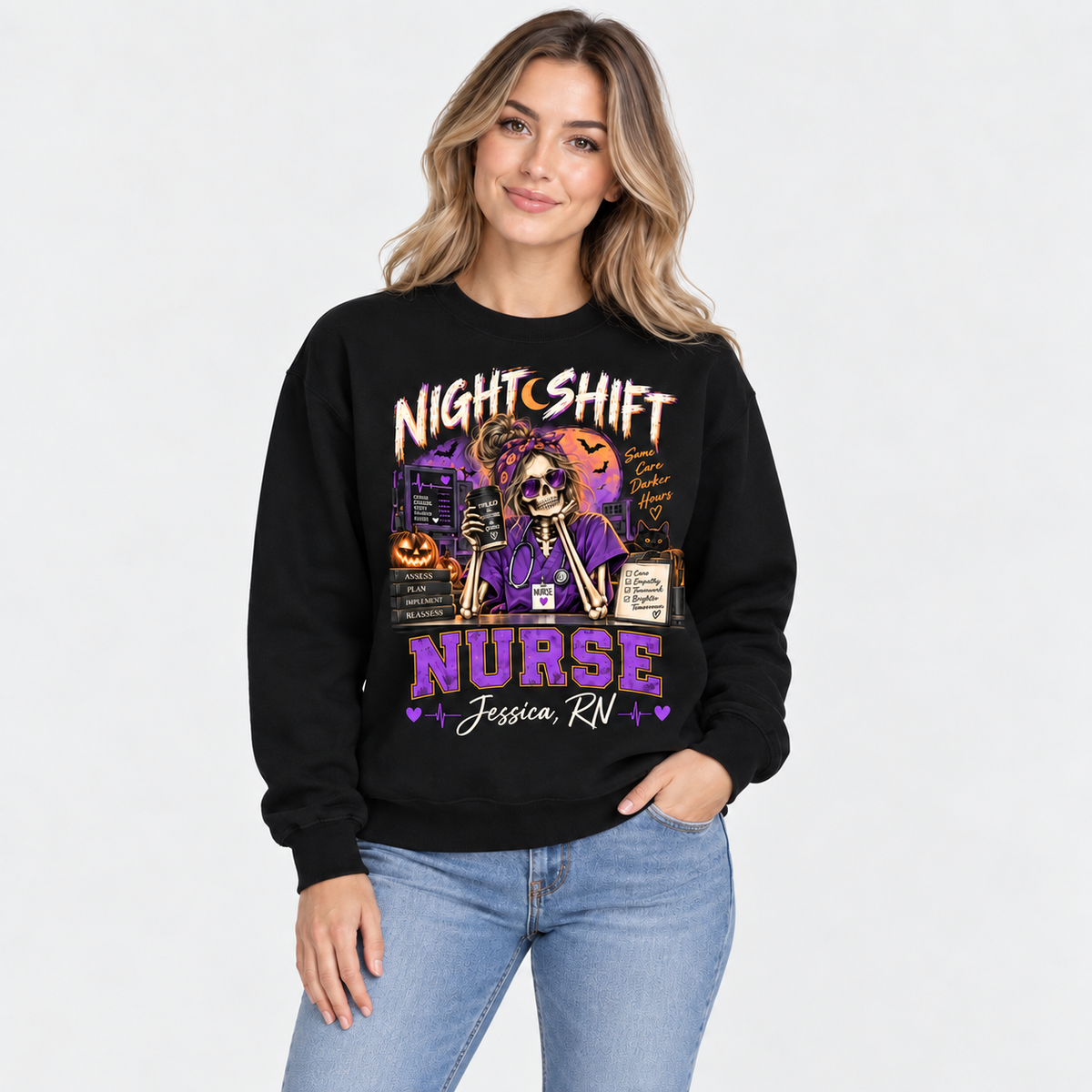 Night Shift Nurse Personalized Sweatshirt Halloween Skeleton Nurse Custom Shirt