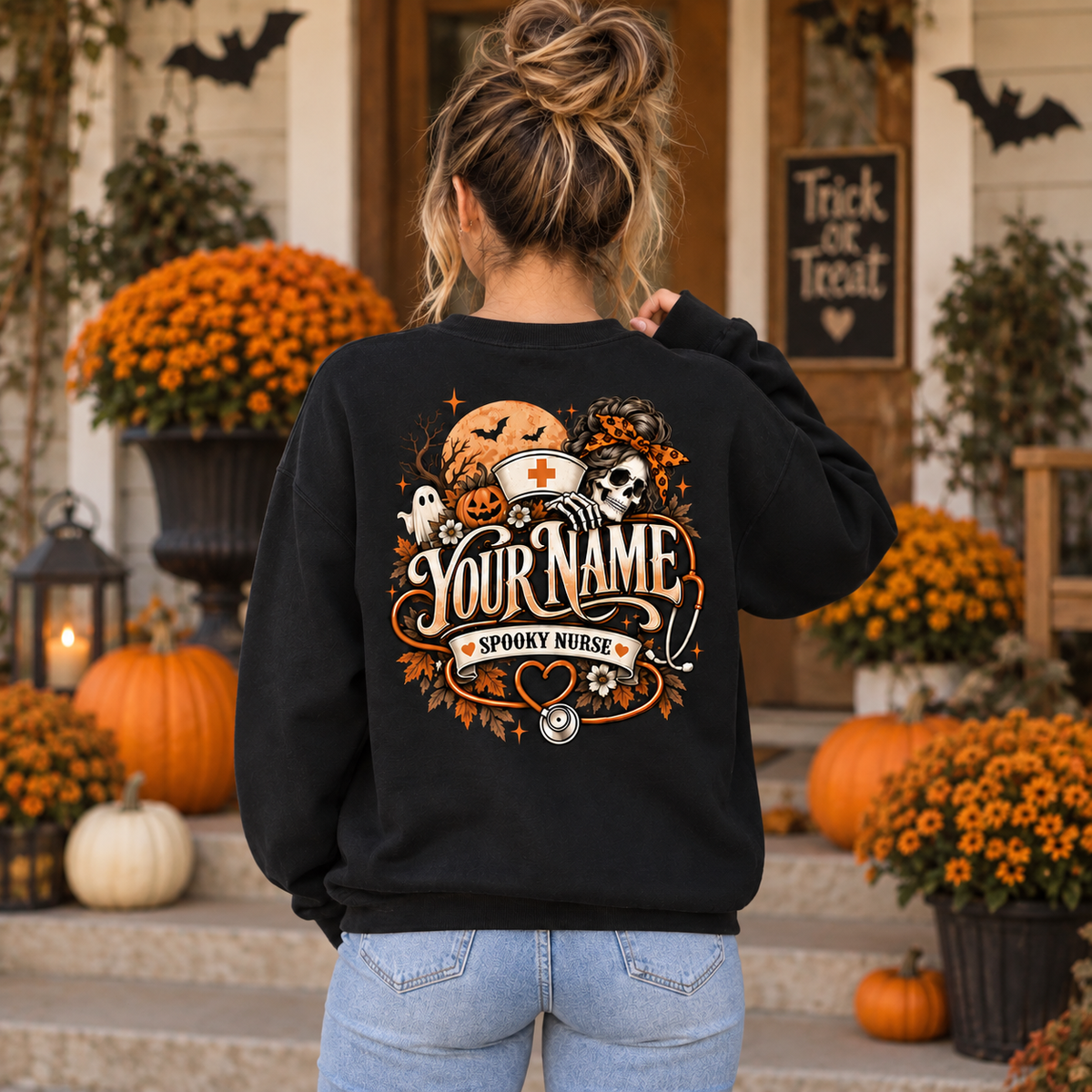 Custom Spooky Nurse Skeleton Halloween Sweatshirt for Women Fall Crewneck
