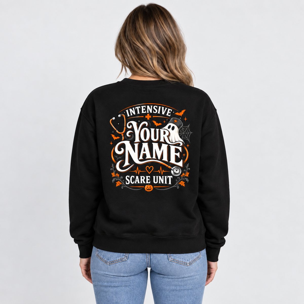 Custom Name Intensive Scare Unit Nurse Ghost Halloween Sweatshirt for Women