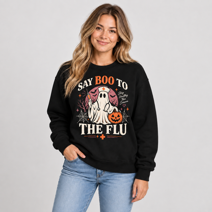 Custom Nurse Ghost Halloween Sweatshirt Say Boo to the Flu Nurse Shirt Pumpkin