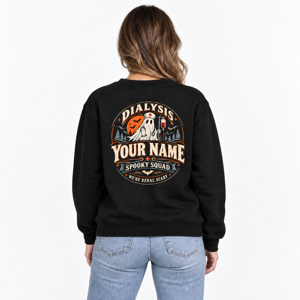 Dialysis Spooky Squad Ghost Nurse Halloween Sweatshirt with Custom Name