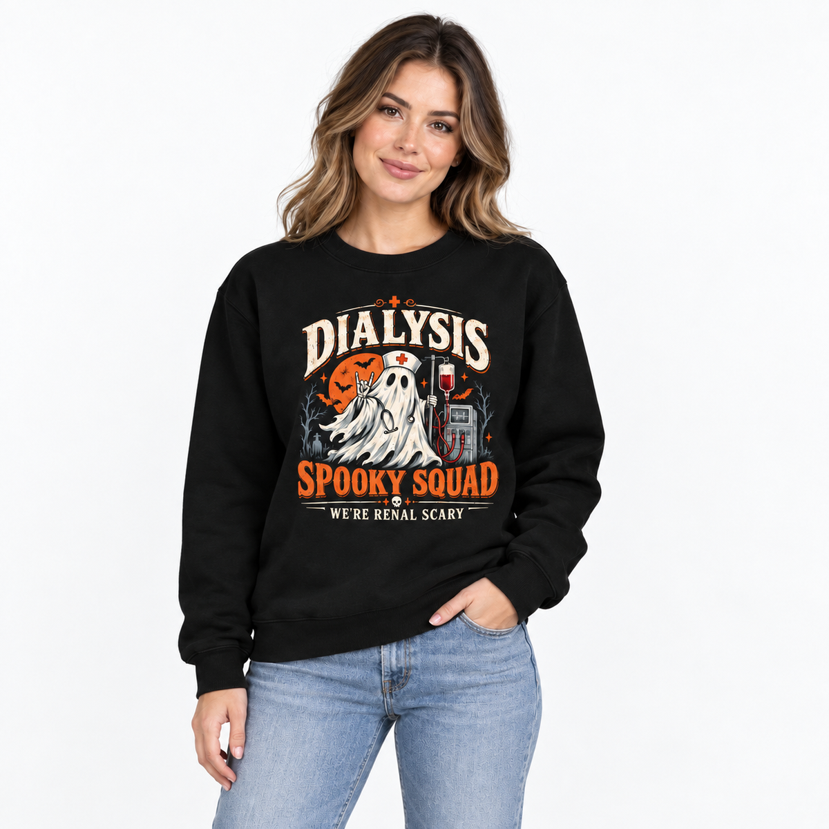 Dialysis Spooky Squad Ghost Nurse Halloween Sweatshirt with Custom Name
