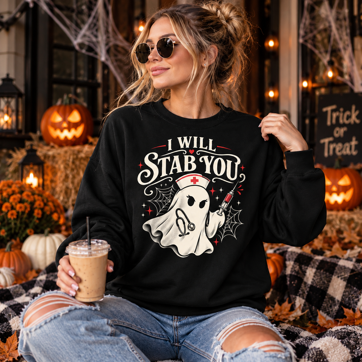 Custom Nurse Ghost Sweatshirt Halloween Spooky I Will Stab You Funny Shirts