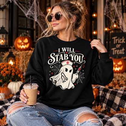 Custom Nurse Ghost Sweatshirt Halloween Spooky I Will Stab You Funny Shirts
