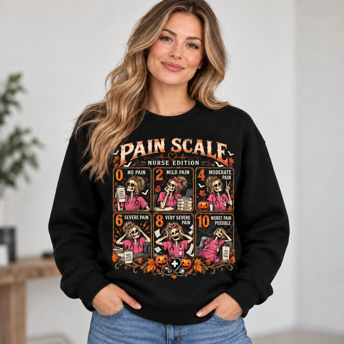 Nurse Pain Scale Halloween Skeleton Sweatshirt Custom Name Crewneck Shirts