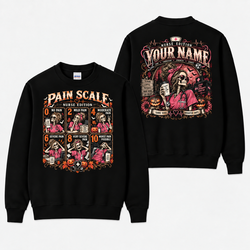 Nurse Pain Scale Halloween Skeleton Sweatshirt Custom Name Crewneck Shirts