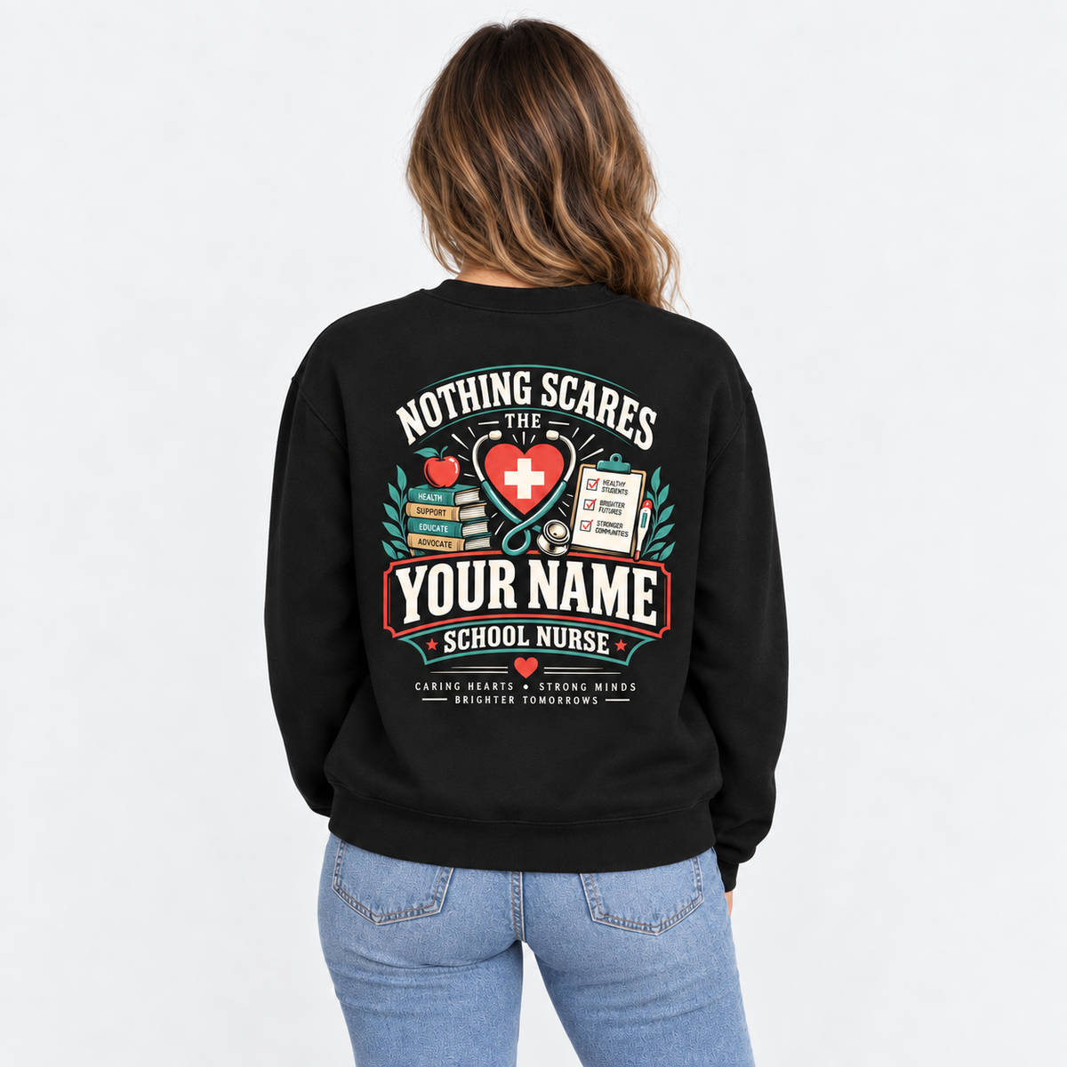Nothing Scares a School Nurse Sweatshirt Custom Name Stethoscope Graphic Top