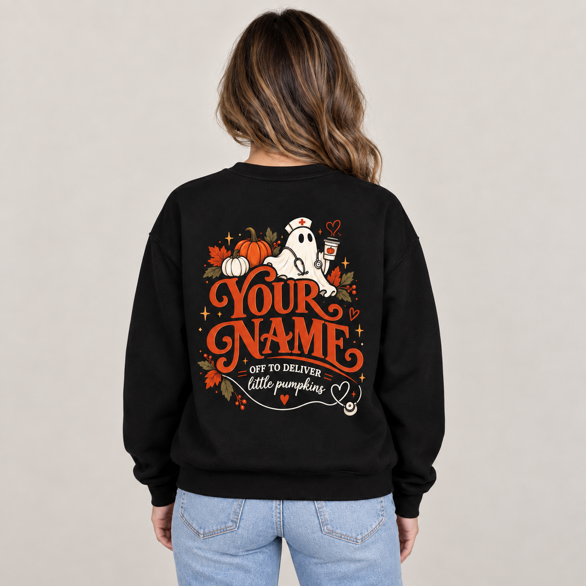 Ghost Nurse Halloween Off to Deliver Little Pumpkins Custom Sweatshirt