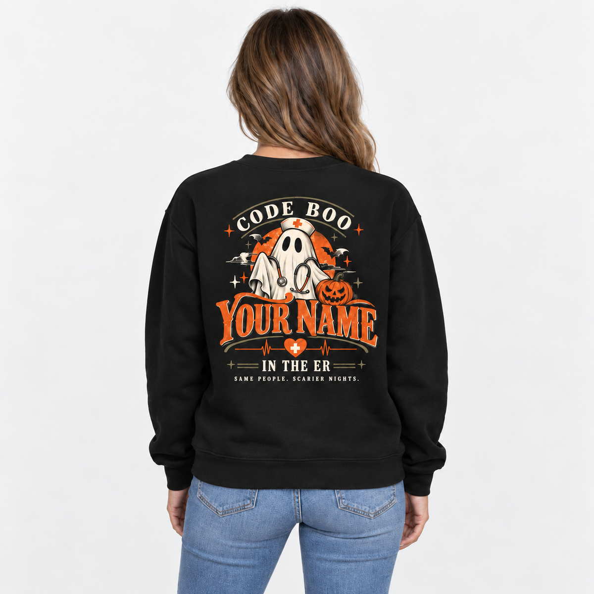 Custom ER Nurse Halloween Sweatshirt with Ghost Code Boo in the ER Shirt