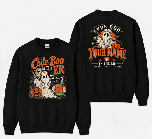 Custom ER Nurse Halloween Sweatshirt with Ghost Code Boo in the ER Shirt