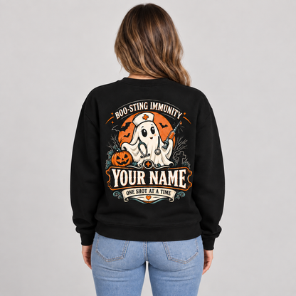 Ghost Nurse Halloween Sweatshirt Boo-Sting Immunity Custom Name Nurse Gift