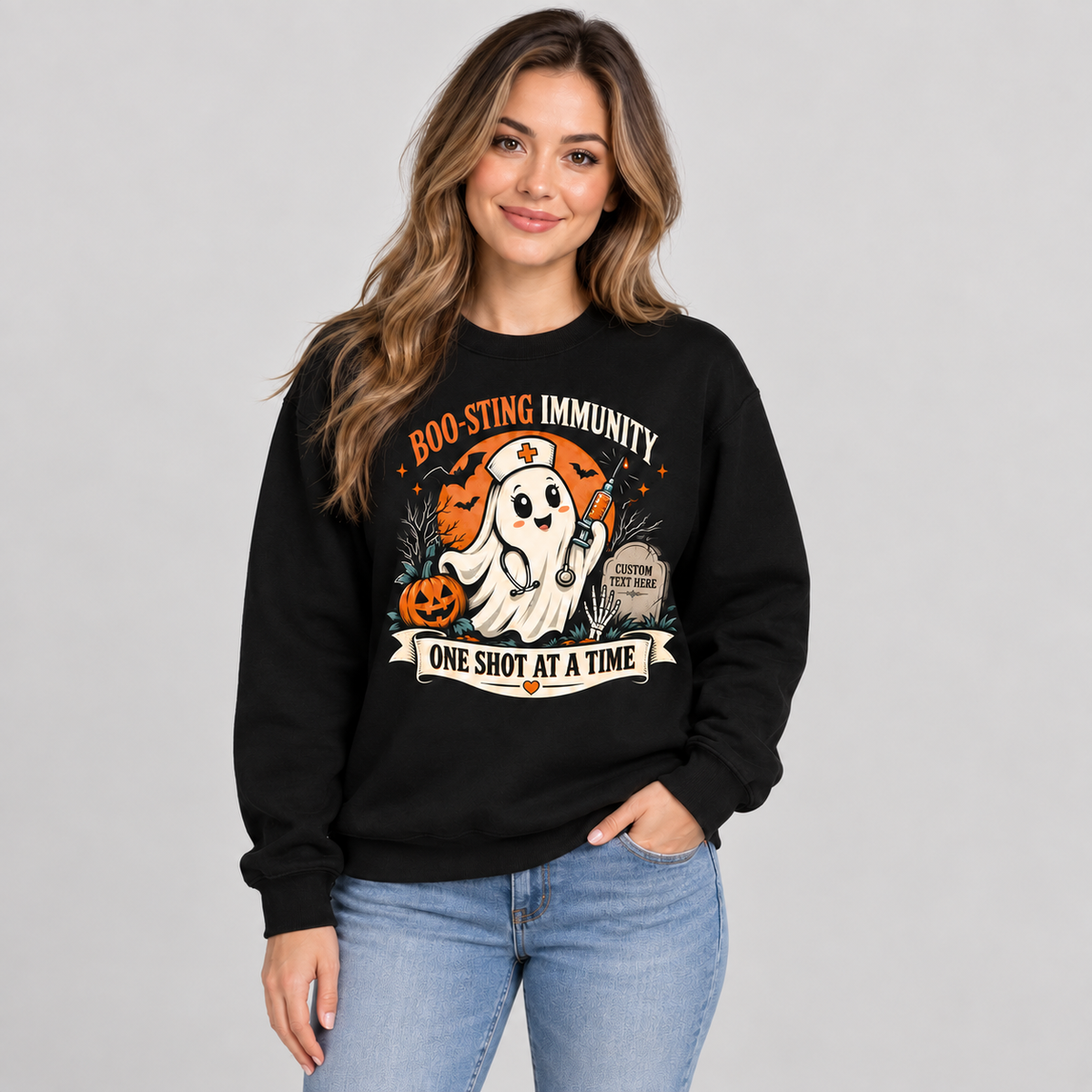 Ghost Nurse Halloween Sweatshirt Boo-Sting Immunity Custom Name Nurse Gift
