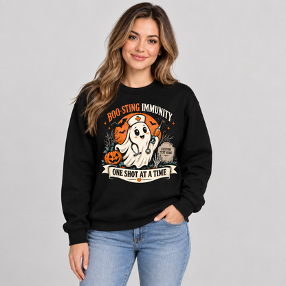 Ghost Nurse Halloween Sweatshirt Boo-Sting Immunity Custom Name Nurse Gift