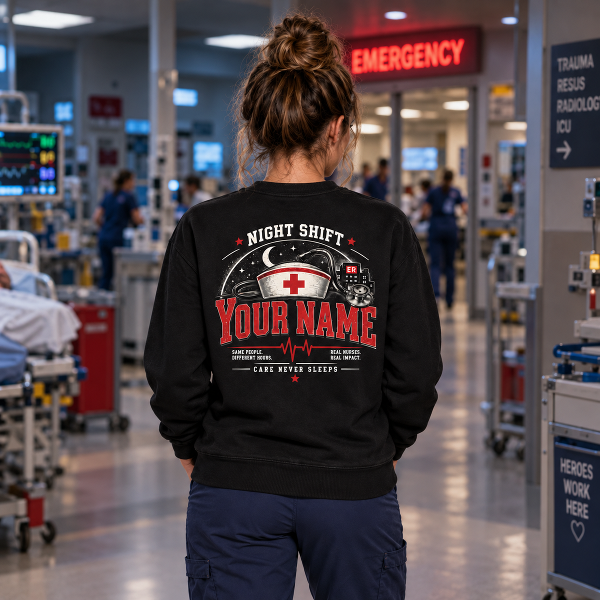 Personalized Night Shift ER Nurse Sweatshirt Emergency Room Apparel for Nurse