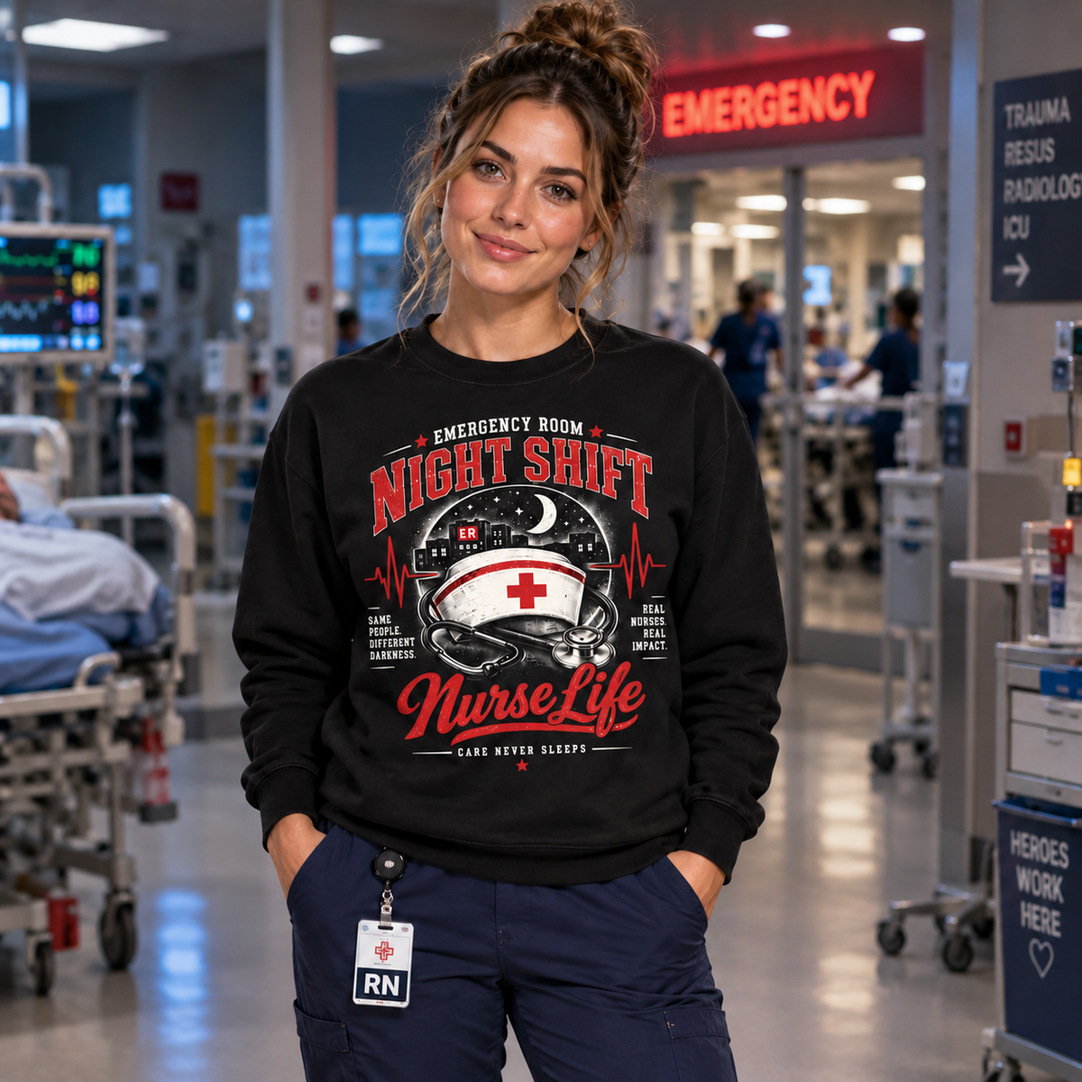 Personalized Night Shift ER Nurse Sweatshirt Emergency Room Apparel for Nurse
