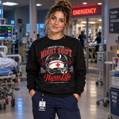 Personalized Night Shift ER Nurse Sweatshirt Emergency Room Apparel for Nurse