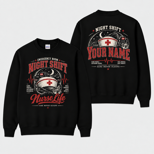 Personalized Night Shift ER Nurse Sweatshirt Emergency Room Apparel for Nurse