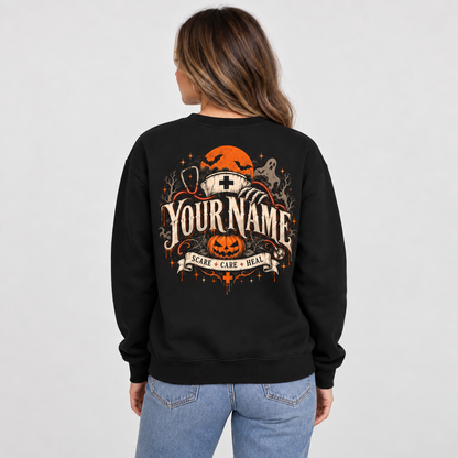 Halloween Nurse Sweatshirt with Custom Name Scare Care Heal Ghost Pumpkin Shirt