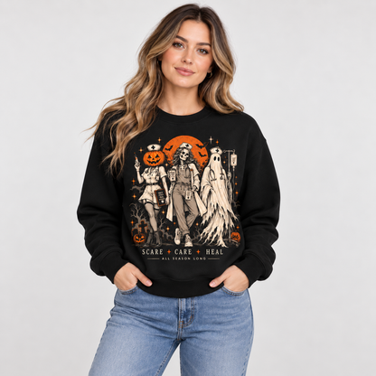 Halloween Nurse Sweatshirt with Custom Name Scare Care Heal Ghost Pumpkin Shirt