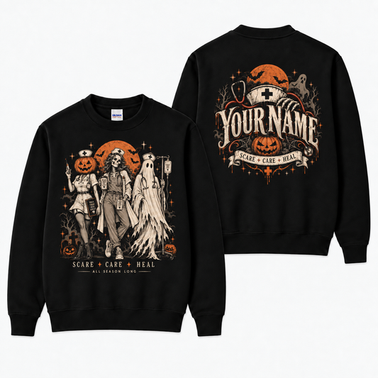 Halloween Nurse Sweatshirt with Custom Name Scare Care Heal Ghost Pumpkin Shirt