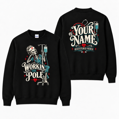 Registered Nurse Skeleton IV Pole Sweatshirt Custom Name