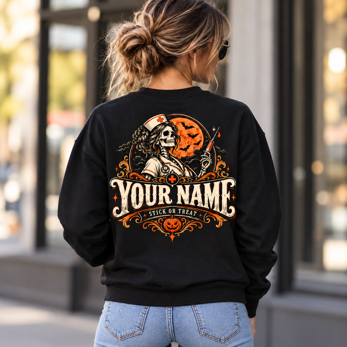 Halloween Skeleton Nurse Sweatshirt Custom Stick Or Treat spooky Apparel