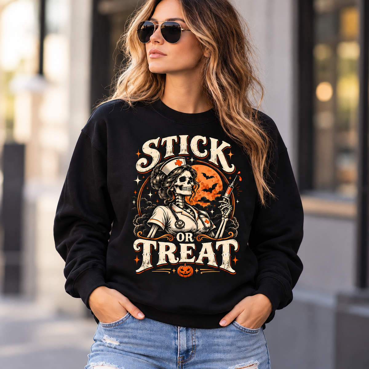Halloween Skeleton Nurse Sweatshirt Custom Stick Or Treat spooky Apparel