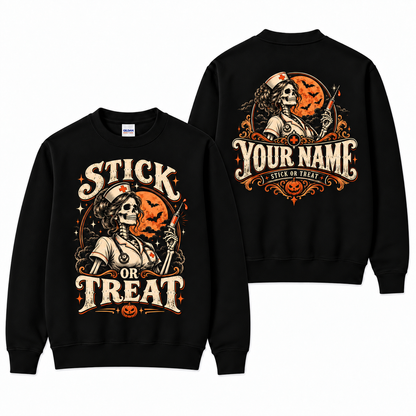 Halloween Skeleton Nurse Sweatshirt Custom Stick Or Treat spooky Apparel