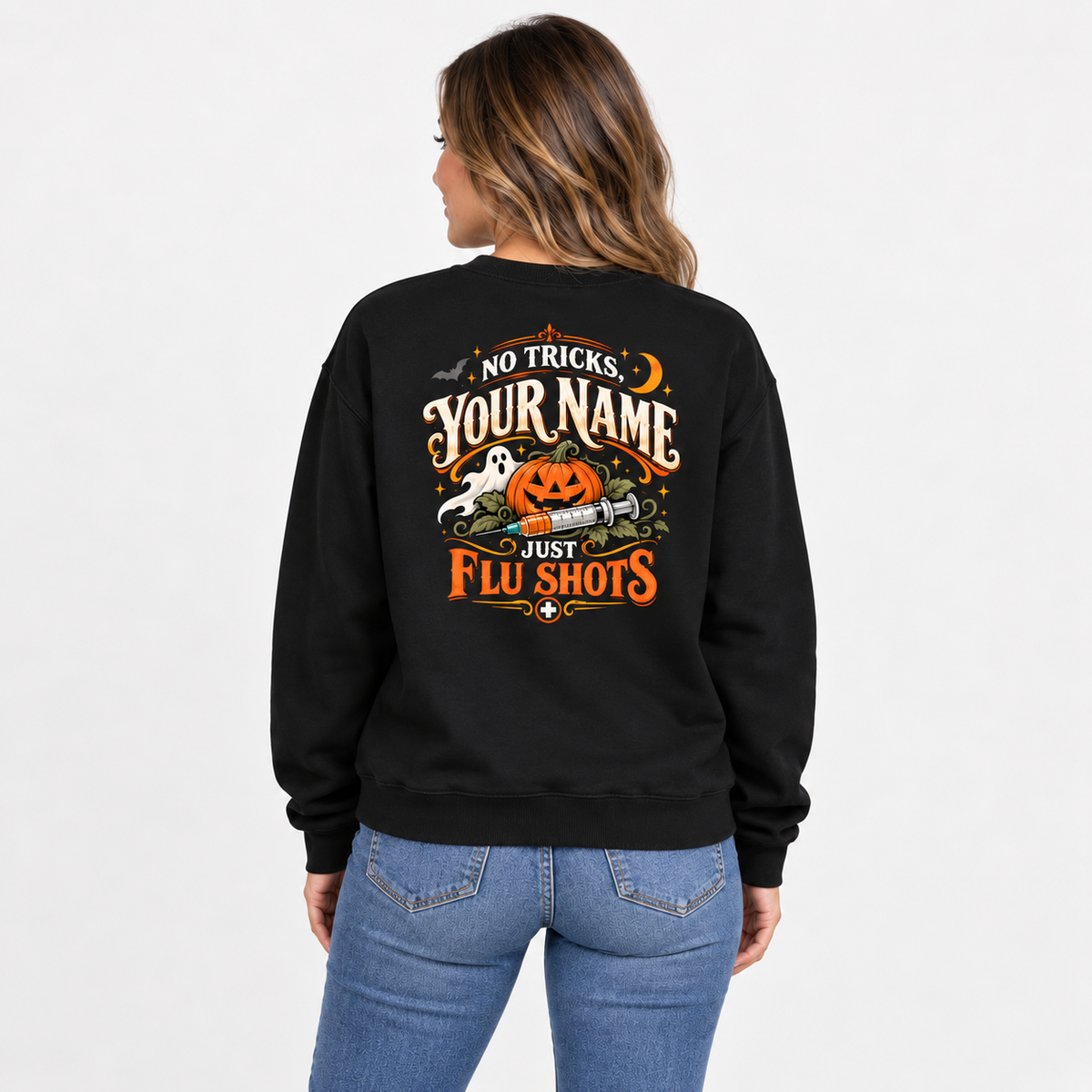 Custom Flu Shots Halloween Sweatshirt Nurse Gift No Tricks Just for Staff