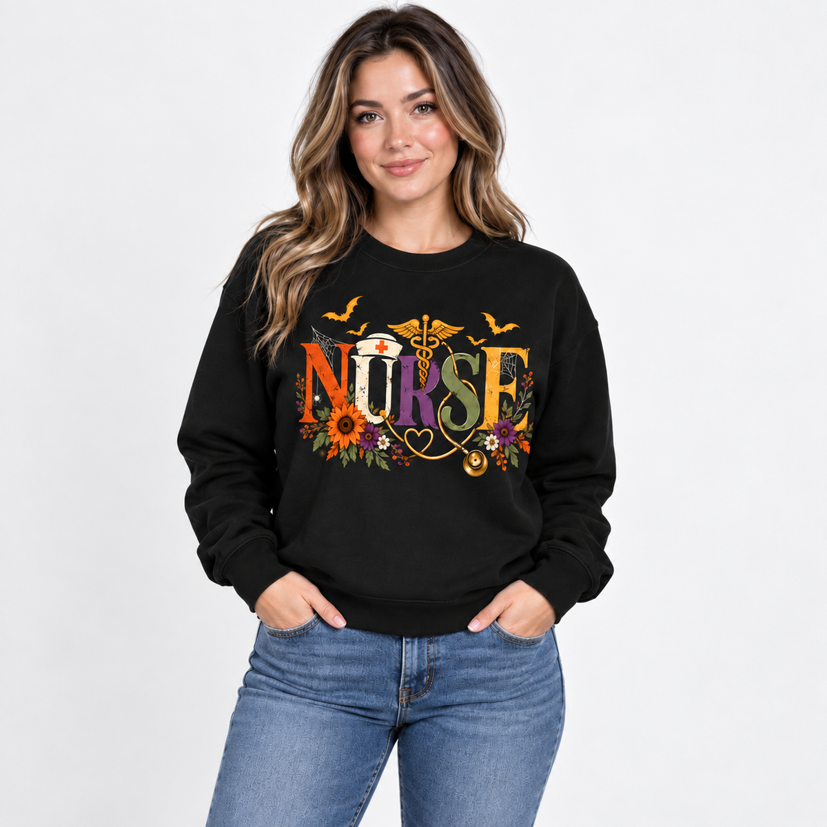 Custom Nurse Sweatshirt Autumn Sunflower Stethoscope Gift for Halloween