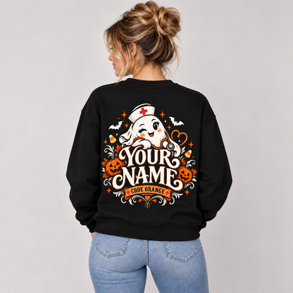 Cute Ghost Nurse Sweatshirt Halloween Code Orange Custom Name Shirt