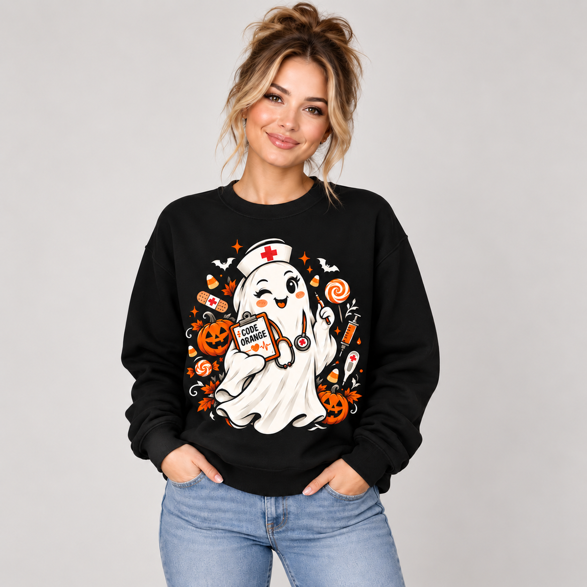 Cute Ghost Nurse Sweatshirt Halloween Code Orange Custom Name Shirt