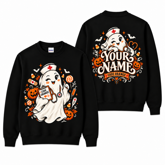 Cute Ghost Nurse Sweatshirt Halloween Code Orange Custom Name Shirt