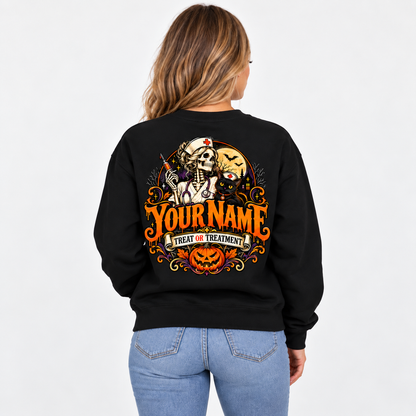 Halloween Nurse Skeleton Black Sweatshirt Treat Or Treatment Custom Name